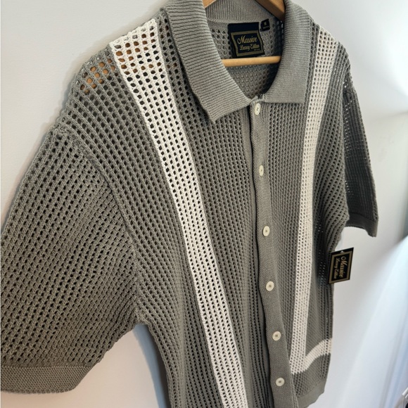 Sage Green Crochet-Style Knit Polo Shirt - Button Up Collared Short Sleeve - Picture 3 of 6